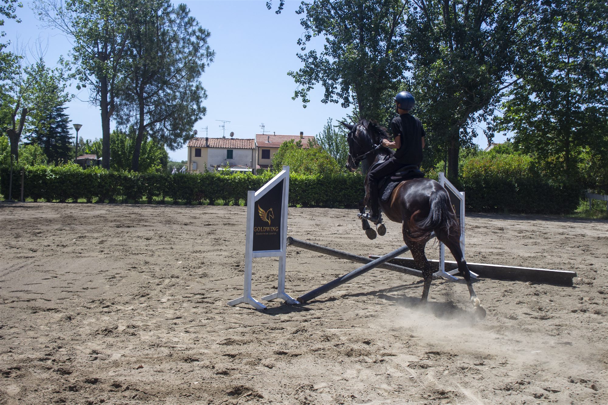 Rider and horse clearing a jump in the outdoor arena
